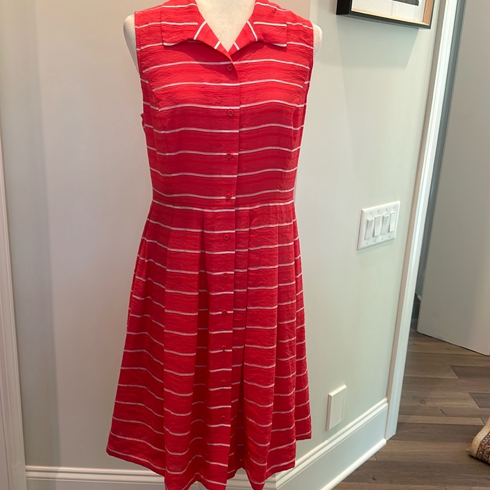 Talbots midi red button down dress with stripes. Size 14P